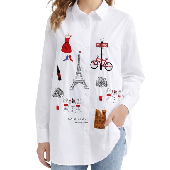 Embroidery Paris Cotton Button Down Top - Picture 7 of 7